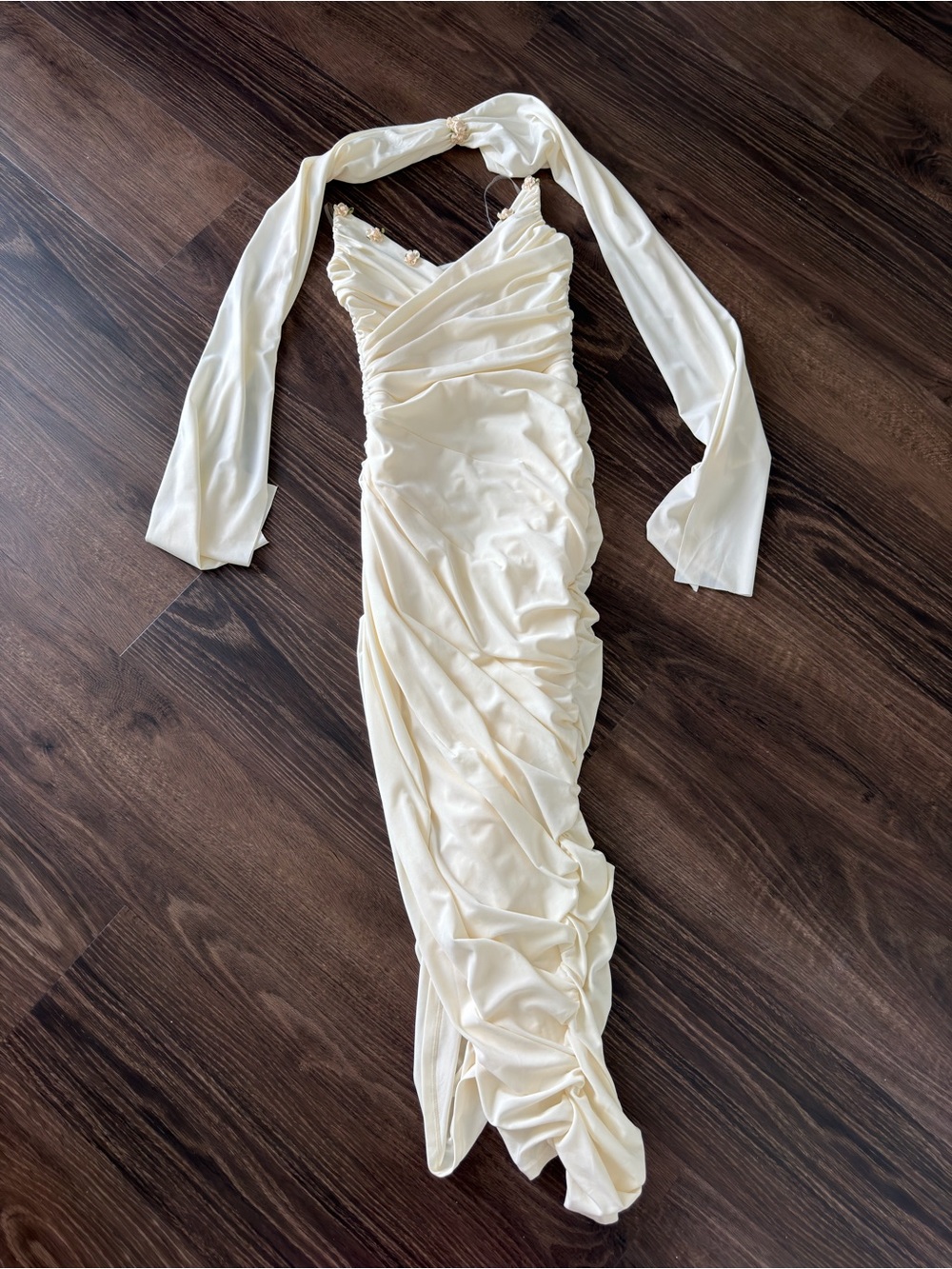 Lacemade Elegant Cream Ruched Satin Halter Evening Dress